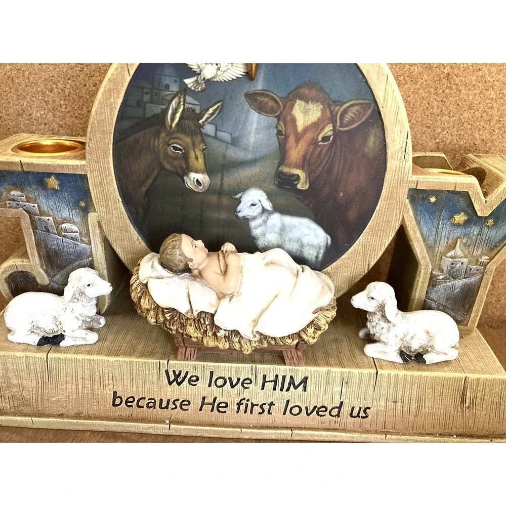 Advent Candle Holder Baby Jesus Barn Farm Animals 9